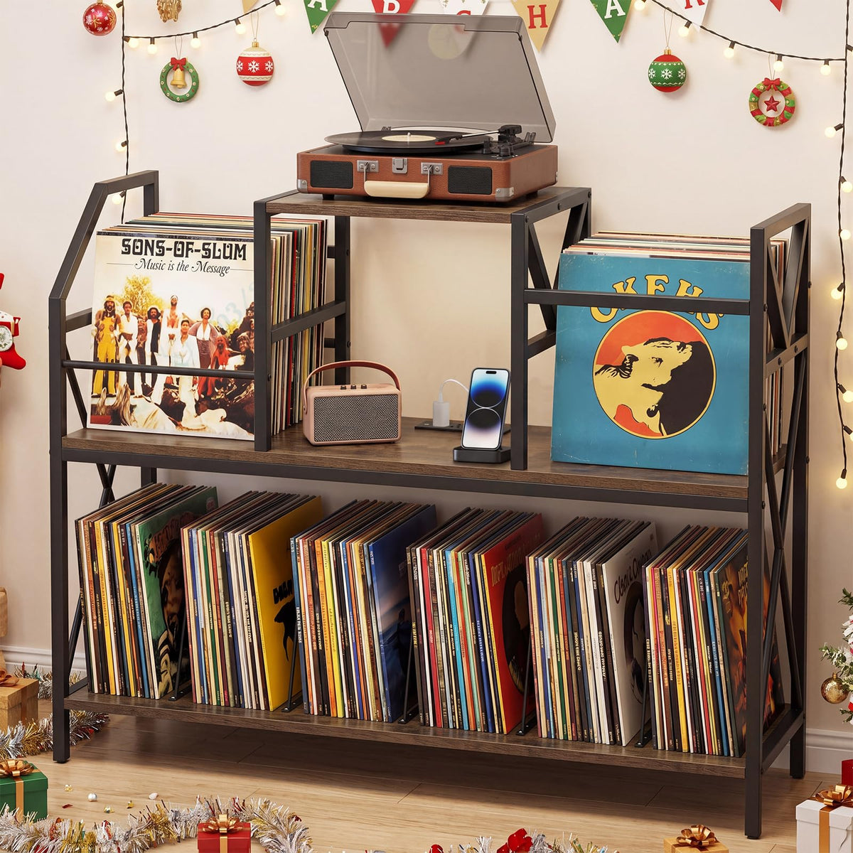 Goflame Large Record Player Stand with Charging Station & Dividers for Albums