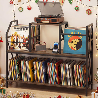 Goflame Large Record Player Stand with Charging Station & Dividers for Albums