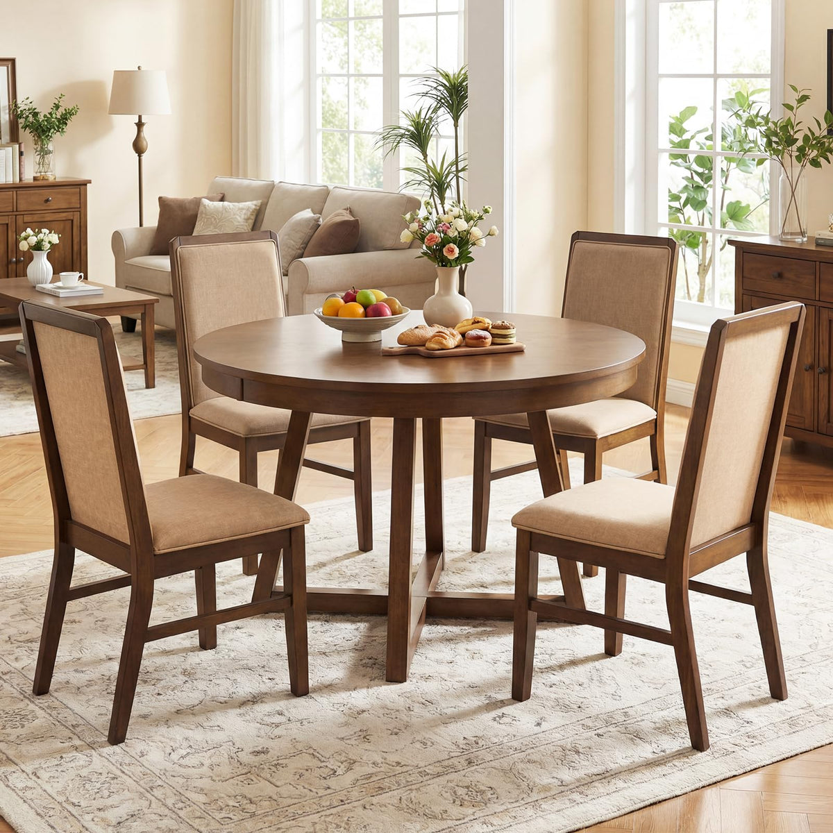 Goflame Upholstered Dining Chairs | High Back Padded Fabric Kitchen Chairs with Solid Rubber Wood Legs