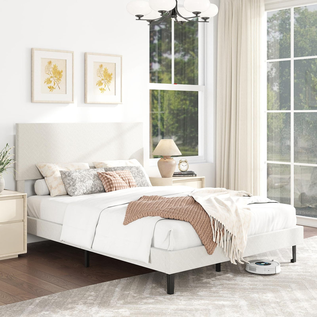 Goflame Bed Frame | Velvet Upholstered Platform Bed w/Height Adjustable Chevron Headboard