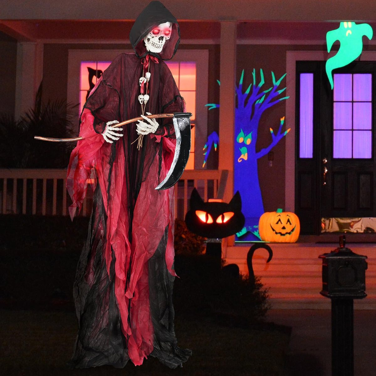Goflame 8 Ft Halloween Animatronics, Sound & Touch Activated Grim Reaper with Sickle, Glowing LED Eyes & Scary Voices