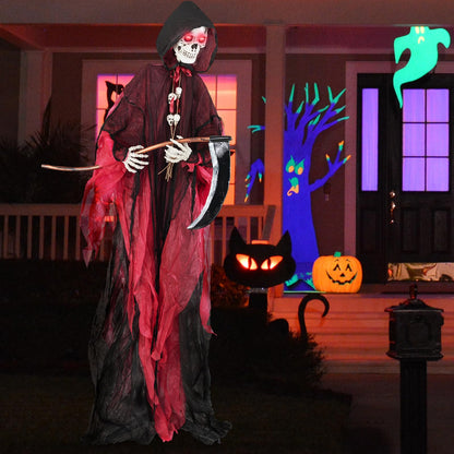 Goflame 8 Ft Halloween Animatronics, Sound & Touch Activated Grim Reaper with Sickle, Glowing LED Eyes & Scary Voices