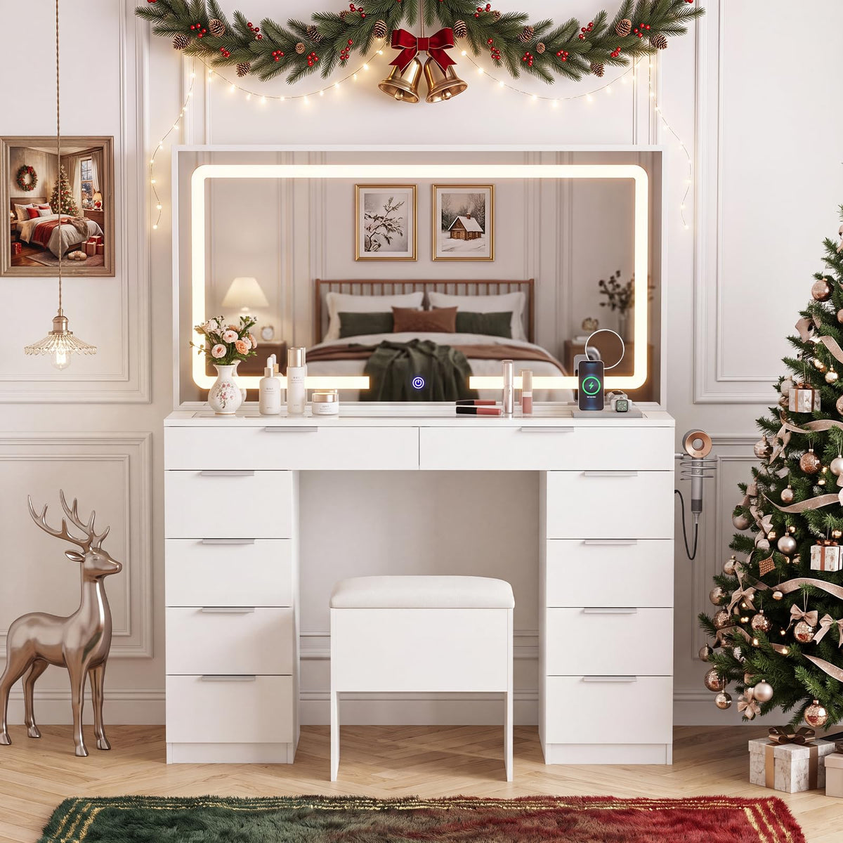 White Vanity Desk with Mirror, Lights, Charging Station, Glass Top