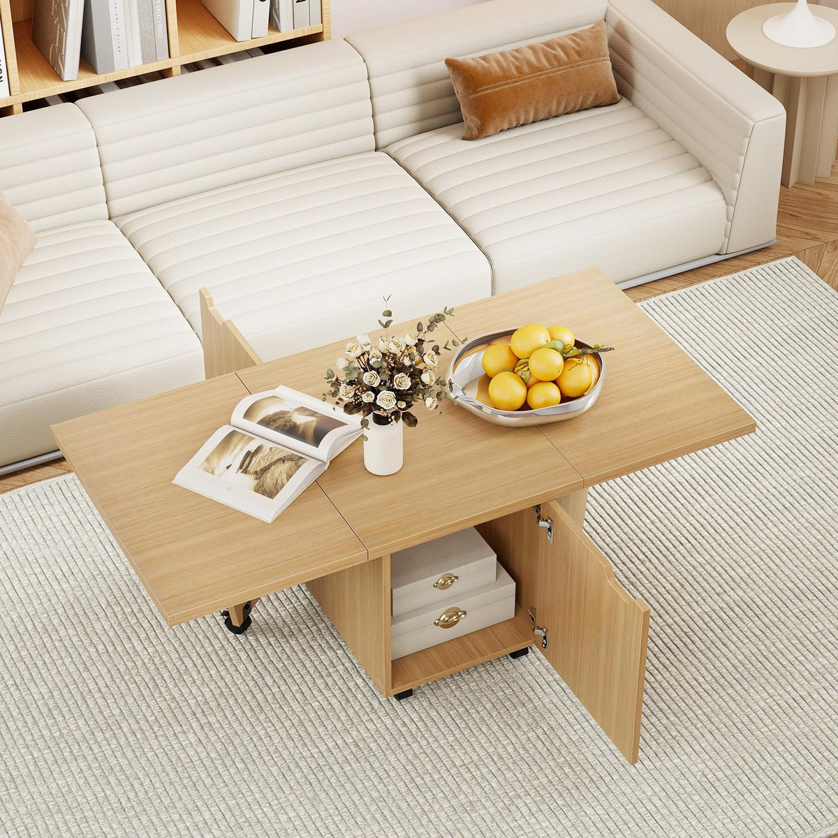 Goflame Folding Coffee Table 48 Inch Drop Leaf Extendable Center Table with Storage Cabinet & Wheels