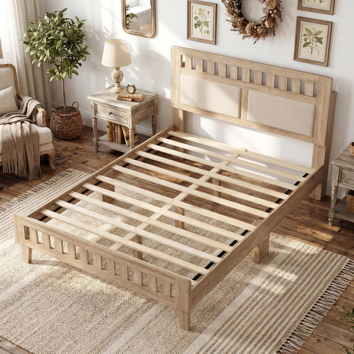 Goflame Mid-Century Wood Bed Frame with Upholstered Headboard (Full/Twin/Queen)