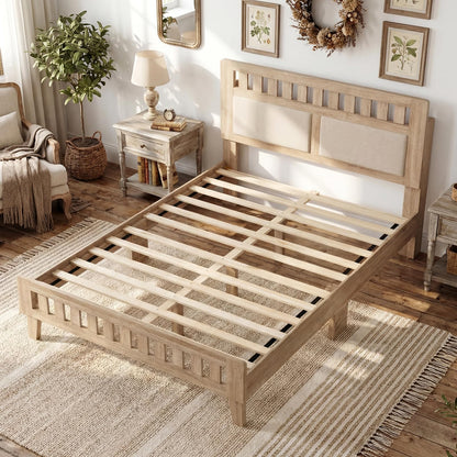 Goflame Mid-Century Wood Bed Frame with Upholstered Headboard (Full/Twin/Queen)