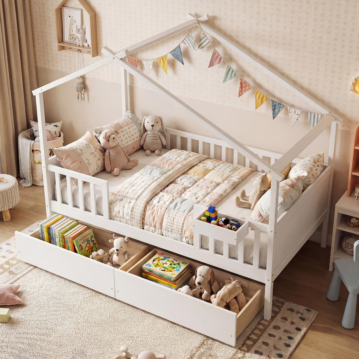 Goflame Full Size House Bed with Roof and Fence Rails for Kid