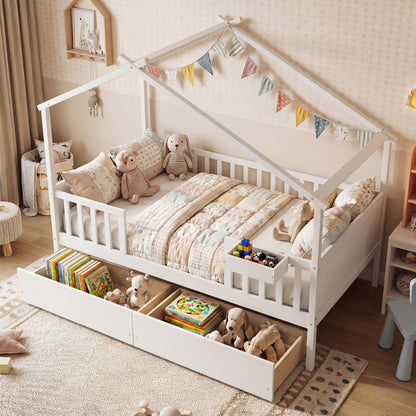 Goflame Full Size House Bed with Roof and Fence Rails for Kid