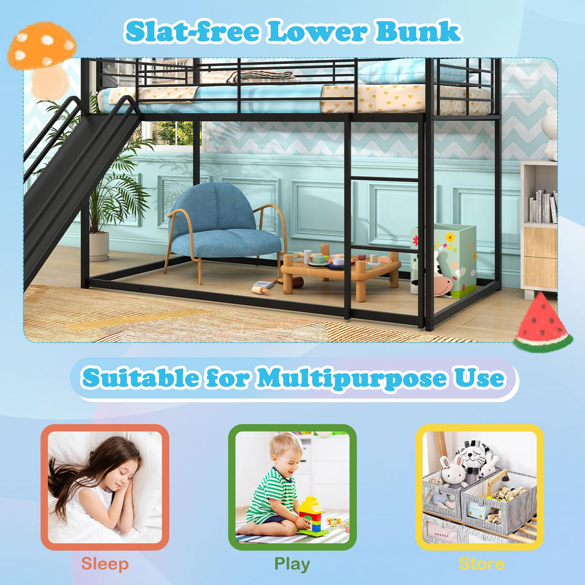 Goflame Twin Over Twin Bunk Bed with Slide & Ladder House-Shaped Metal Bunk Bed Frame with Safety Guardrail & Roof