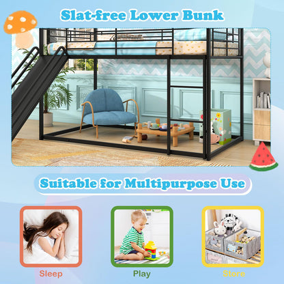 Goflame Twin Over Twin Bunk Bed with Slide & Ladder House-Shaped Metal Bunk Bed Frame with Safety Guardrail & Roof