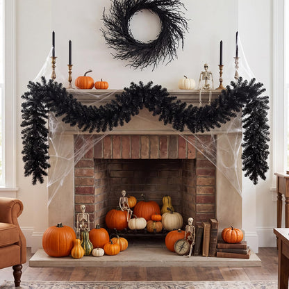 GOFLAME 9FT Pre-lit Black Halloween Garland with 50 Purple LED Lights