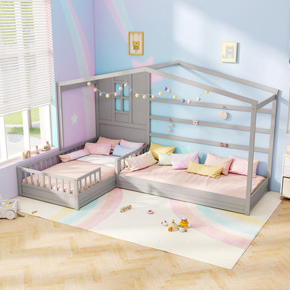 Goflame Double Twin Beds for Kids, House L-Shaped Platform Beds with Window & Fences
