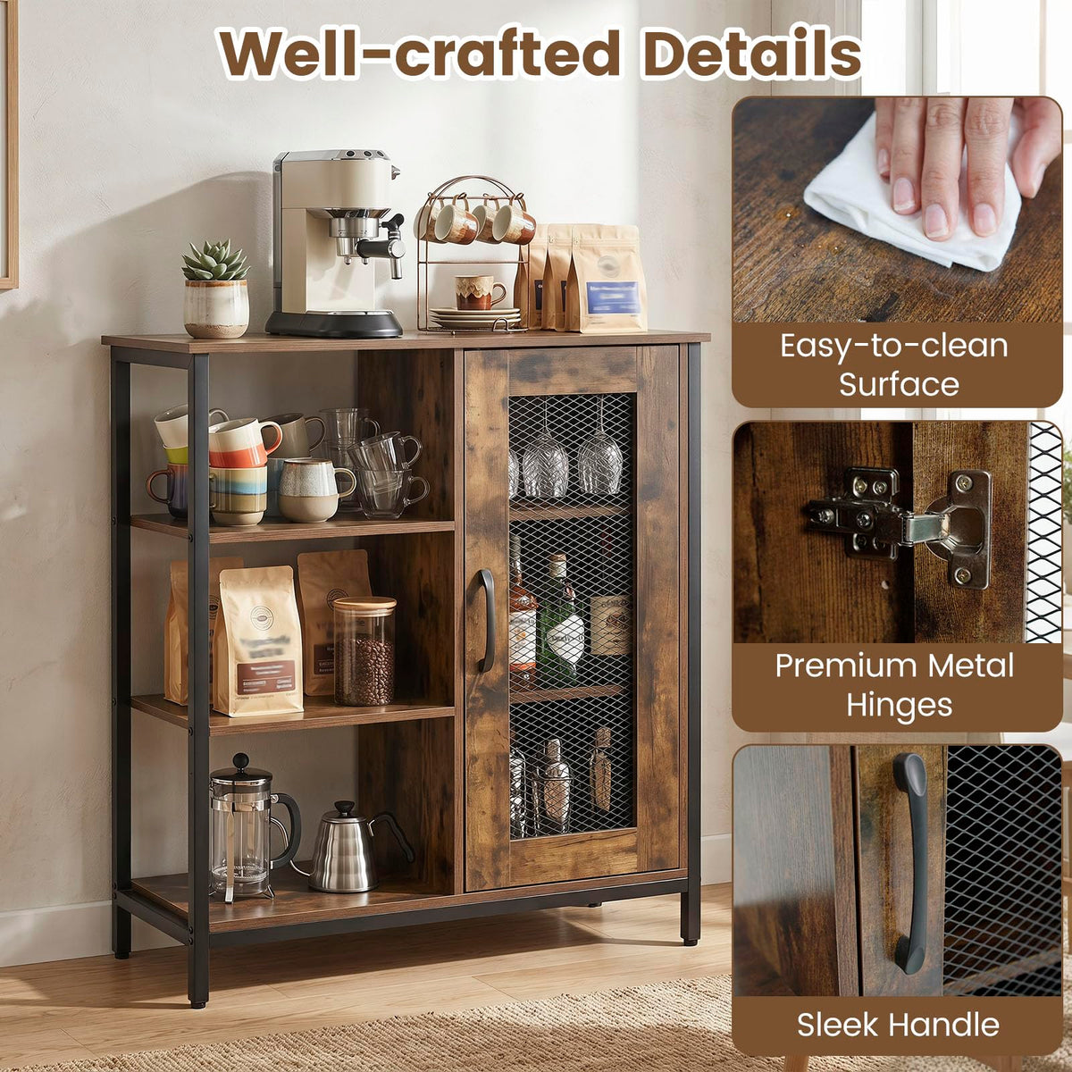 Goflame Industrial Side Cabinet with Metal Mesh Door and 3 Open Shelves