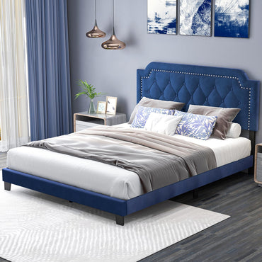 Goflame Velvet Queen Size Bed Frame, Upholstered Platform Bed with Button Tufted & Nailhead Trim Headboard