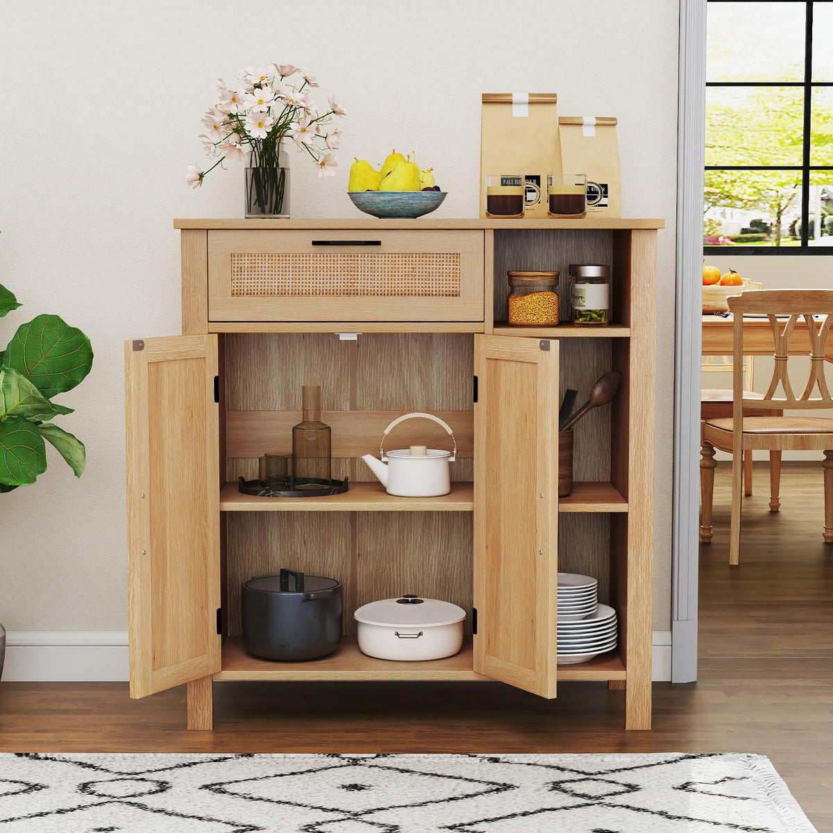 Goflame Buffet Cabinet with 2 Doors, Drawer 3 Open Cubbies Adjustable Shelf (Natural)