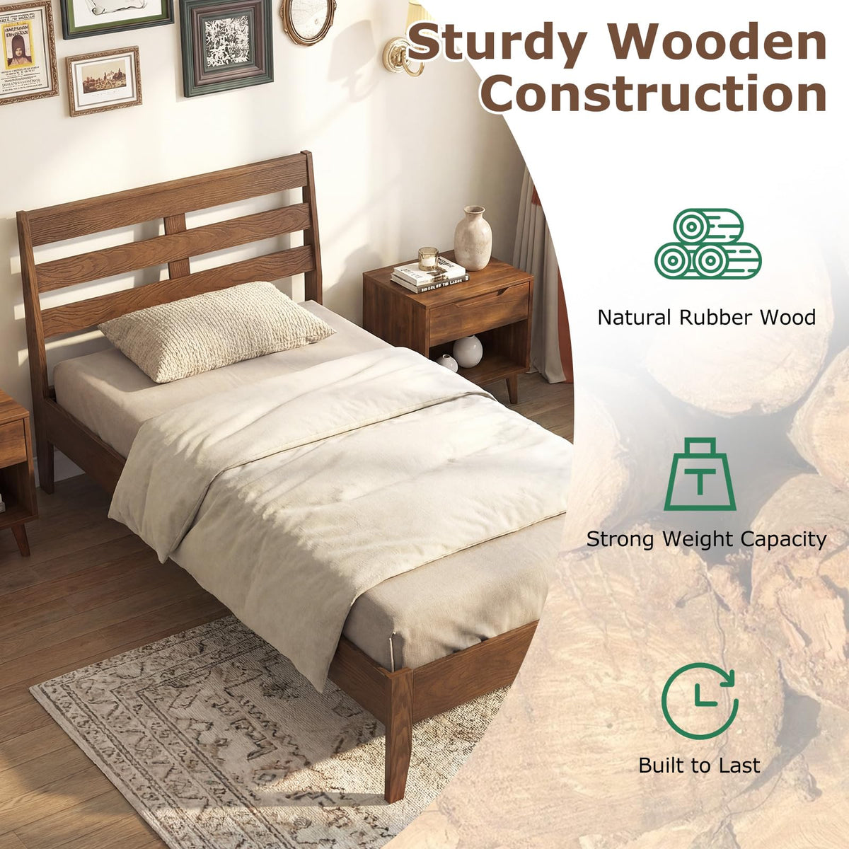 Goflame Twin Size Bed Frame with Slat Headboard