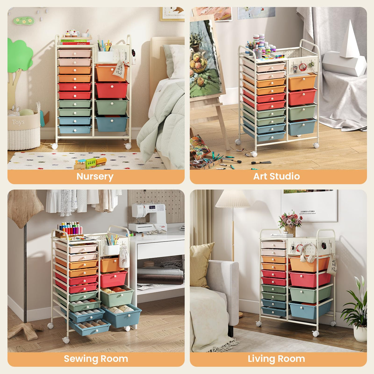 Goflame 14 Drawer Storage Cart | Rolling Craft Cart with Metal Tabletop & Pegboard