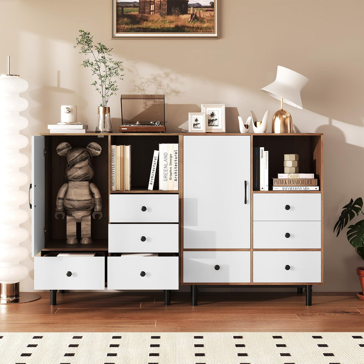 Goflame Storage Cabinet with 4 Drawers Door & Open Compartment, Metal Support Legs