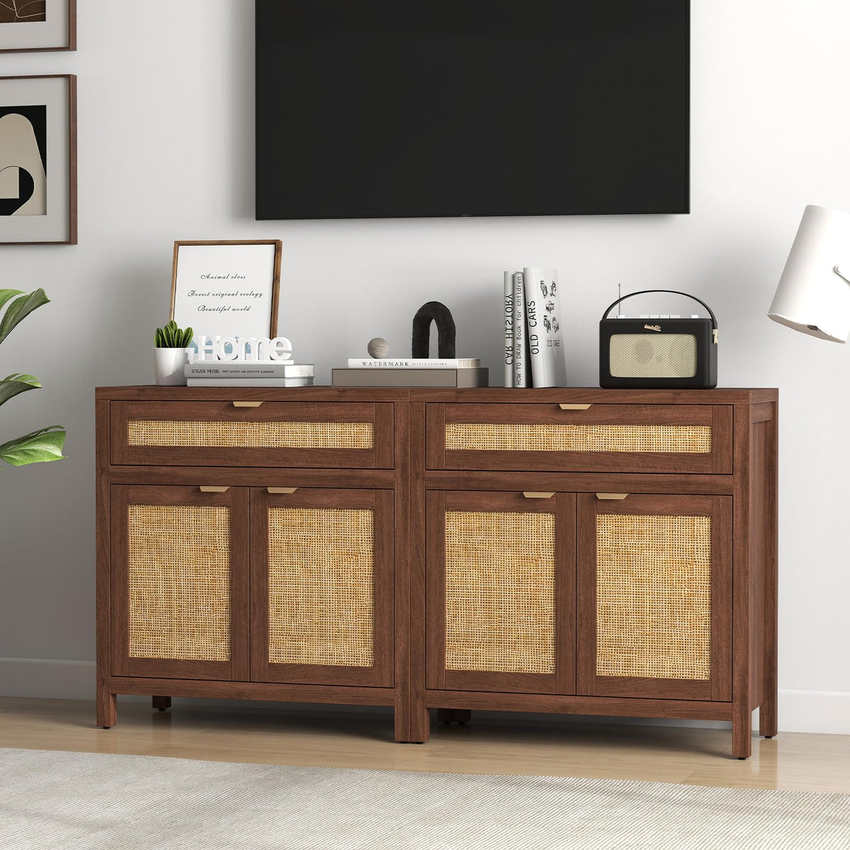 Goflame Sideboard Buffet Cabinet Rustic Rattan Storage Cabinet w/ 2 Doors