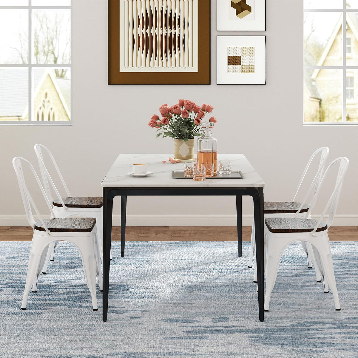 Goflame Metal Dining Chairs Set of 4 Stackable Armless Kitchen Chairs w/Elm Wood Seat