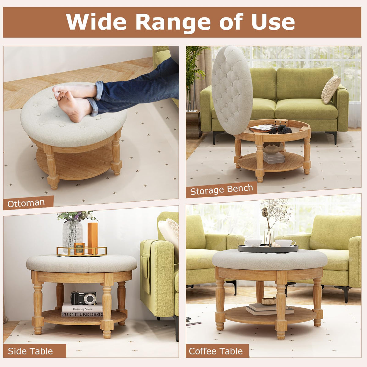 Goflame Large Ottoman Coffee Table - 29 inch Oversized Round Ottoman with Storage Shelf, Flip up Top, Wood Legs