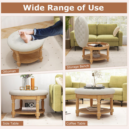 Goflame Large Ottoman Coffee Table - 29 inch Oversized Round Ottoman with Storage Shelf, Flip up Top, Wood Legs