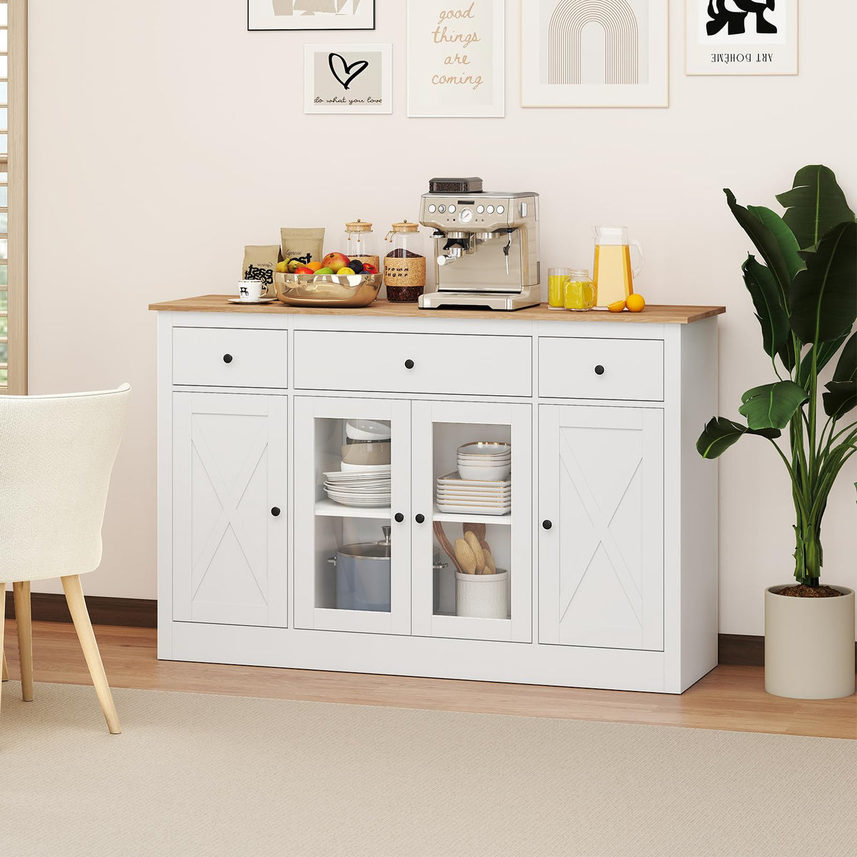 Goflame 55" Large Buffet Sideboard with 3 Drawers & 2 See-Through Doors