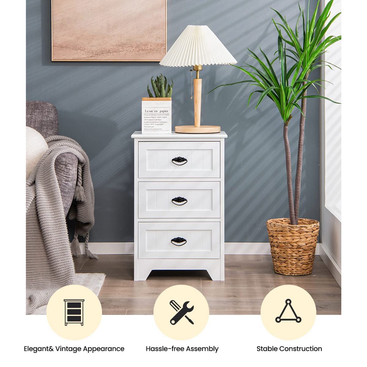 Goflame Nightstand with 3 Drawers, Bedside Table
