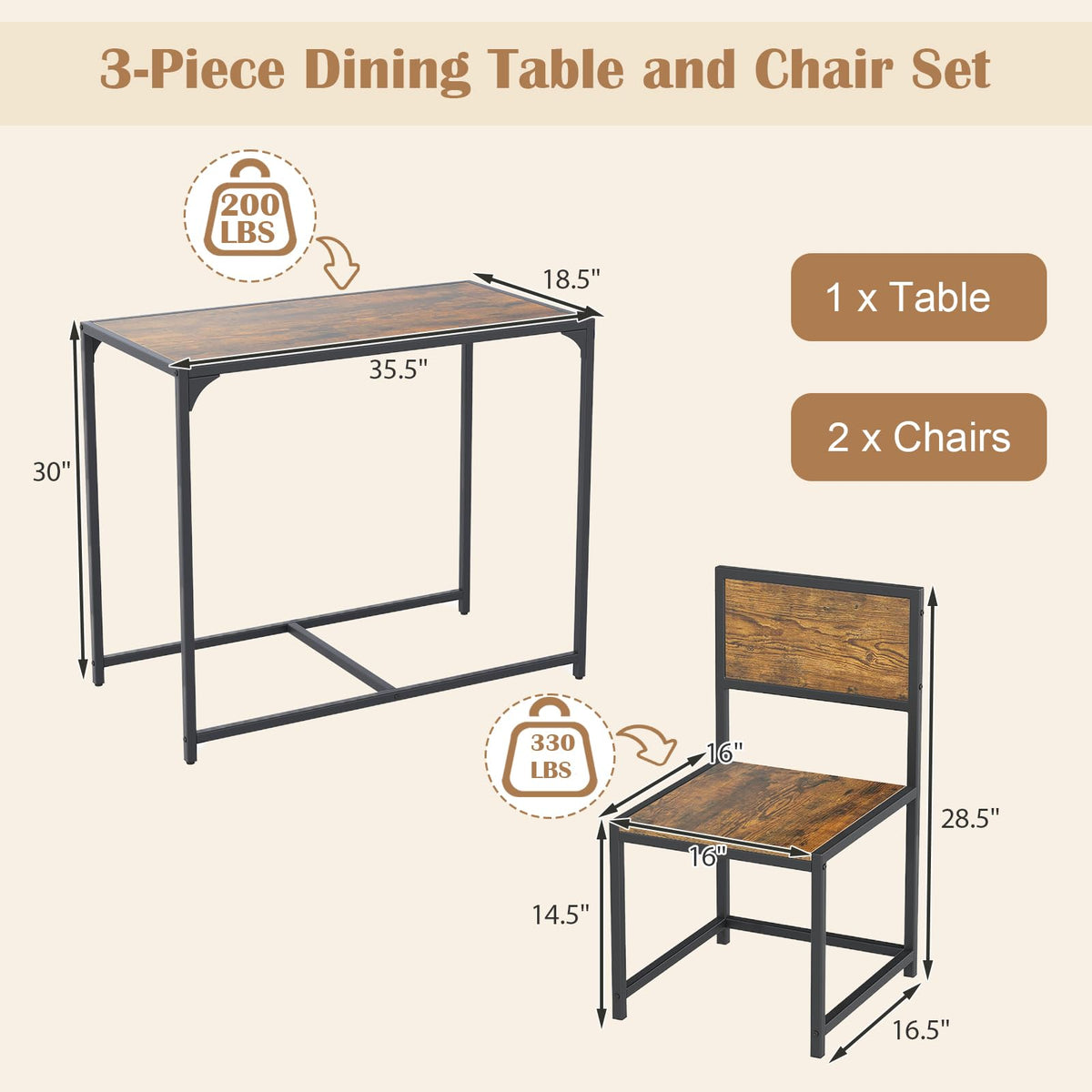 Goflame 3-Piece Dining Table Set for 2 Small Industrial Kitchen Table with 2 Chairs