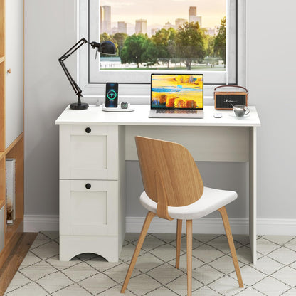 Goflame White Desk with 2 Drawers, 43” Wooden Home Office Desk with Charging Station