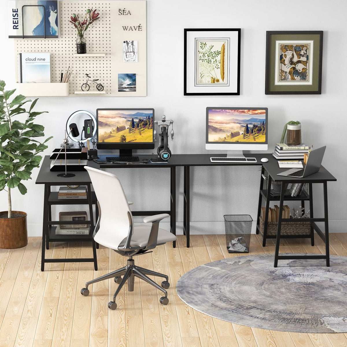 Goflame L Shaped Desk with Power Outlets & USB Ports, 48" Corner Gaming Desk with 2 Tier Storage Shelves