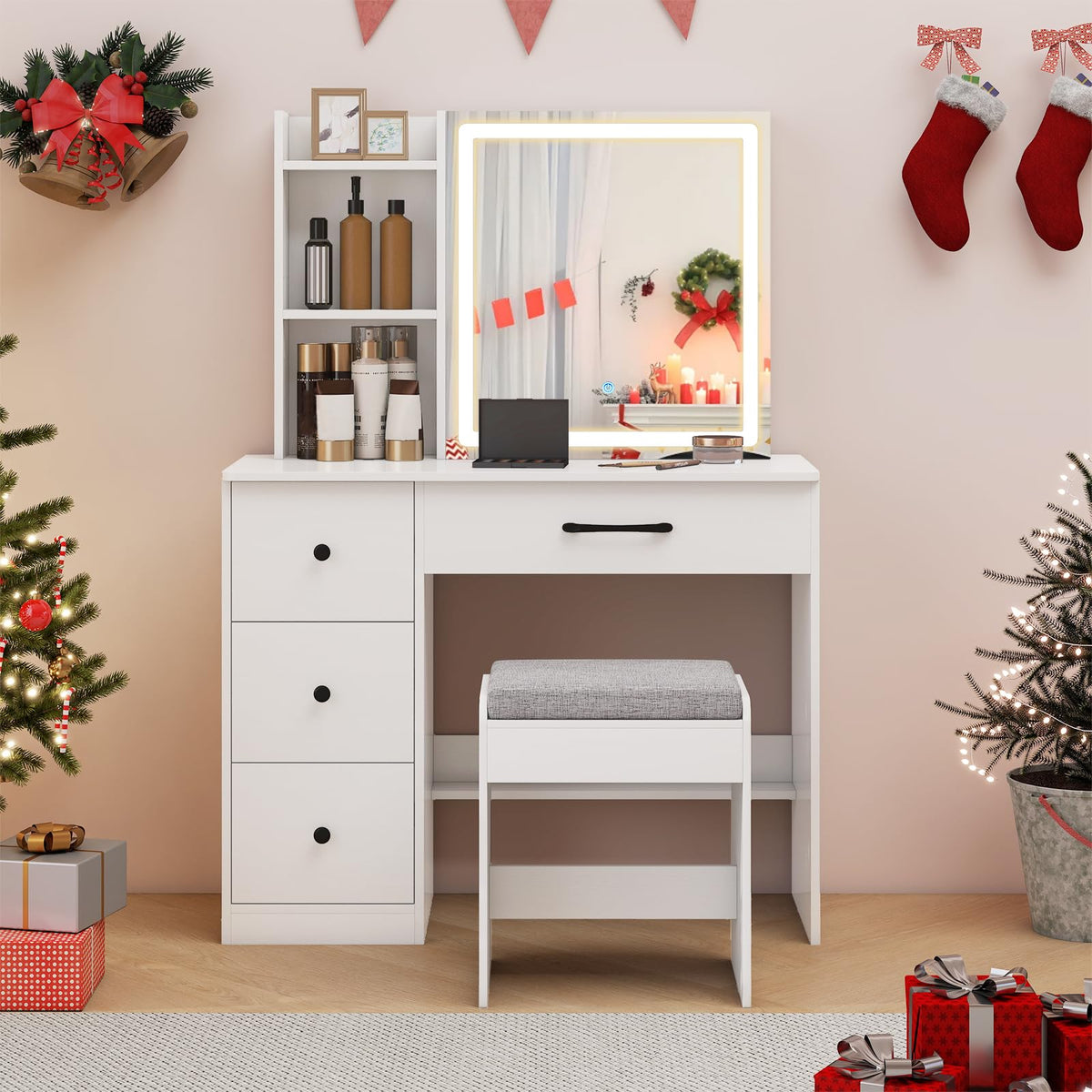 Makeup Vanity Desk with Sliding Mirror Cabinet, 38” Compact Vanity Table with Cushioned Stool