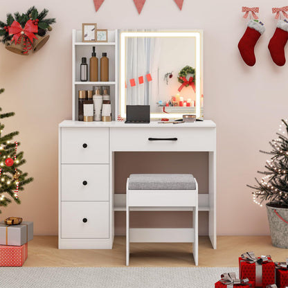 Makeup Vanity Desk with Sliding Mirror Cabinet, 38” Compact Vanity Table with Cushioned Stool