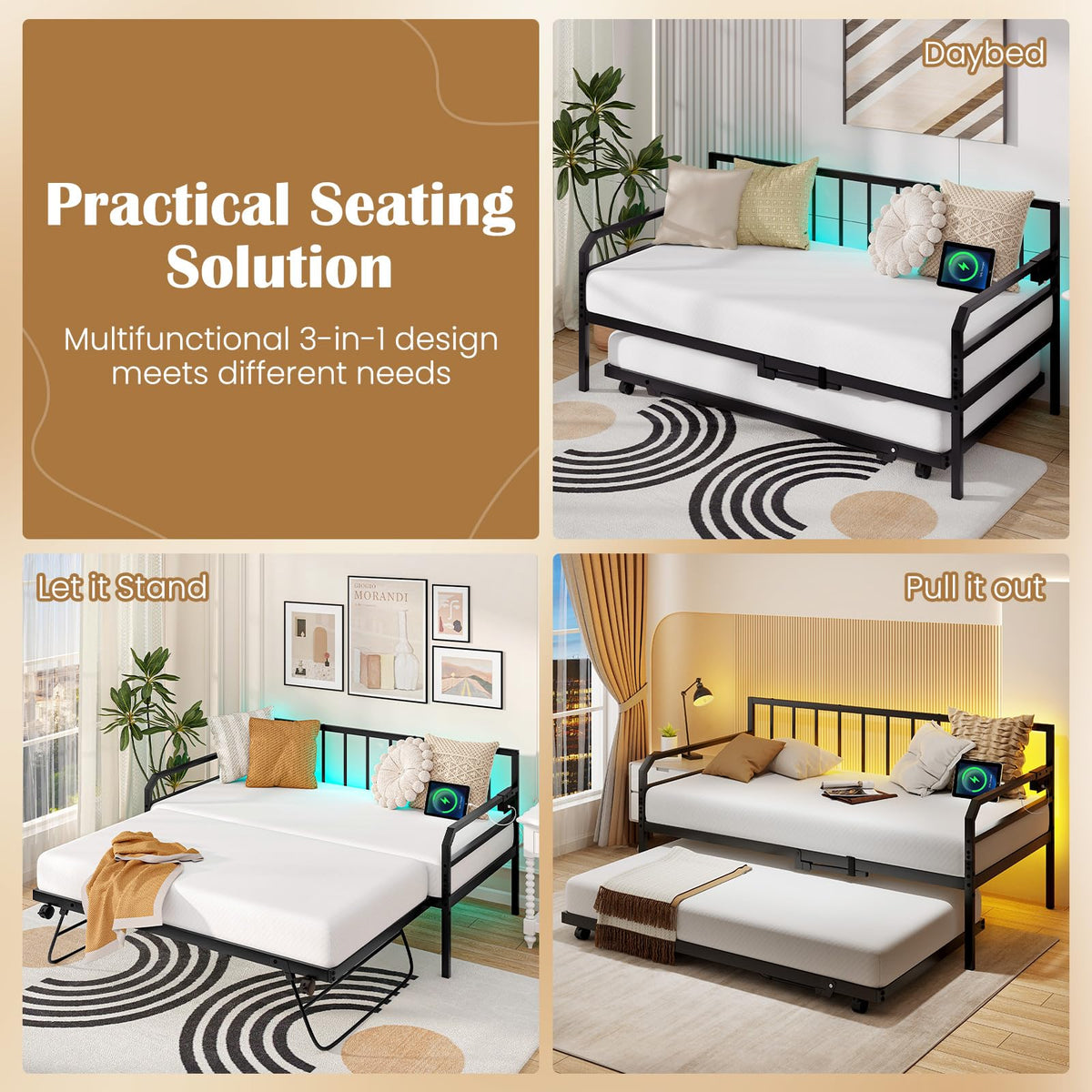 Goflame Twin Daybed with Trundle, Twin Bed Frame with Charging Station & LED Lights, Metal Trundle Bed Twin w/Steel Slats Support