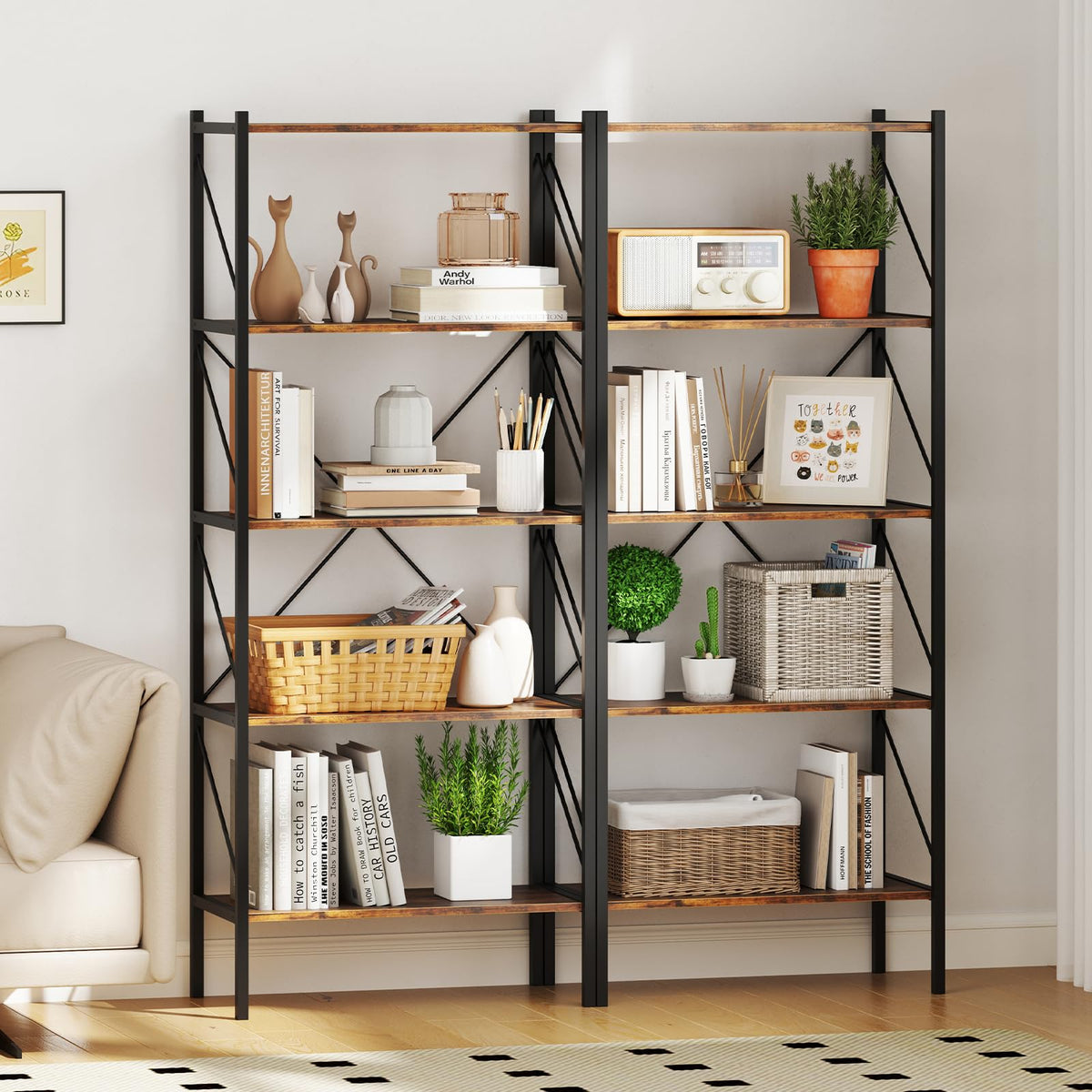 Goflame 5-Tier Bookshelf, Industrial Tall Bookcase with Open Storage Shelves & Heavy Duty Metal Frame