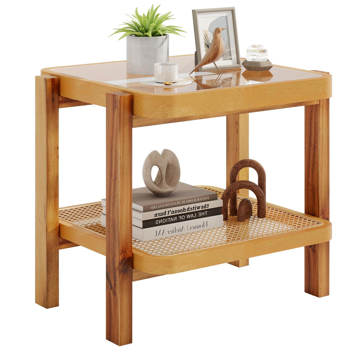 Goflame Rattan Side Table, Boho End Table for Living Room, Narrow Bedside Table with Tempered Glass Top