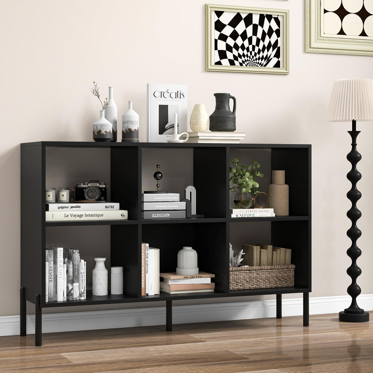 Goflame 6 Cube Bookcase, 3-Tier 47" Long Wood Bookshelf w/ 5 Metal Legs, Adjustable Shelf, Anti-toppling Device