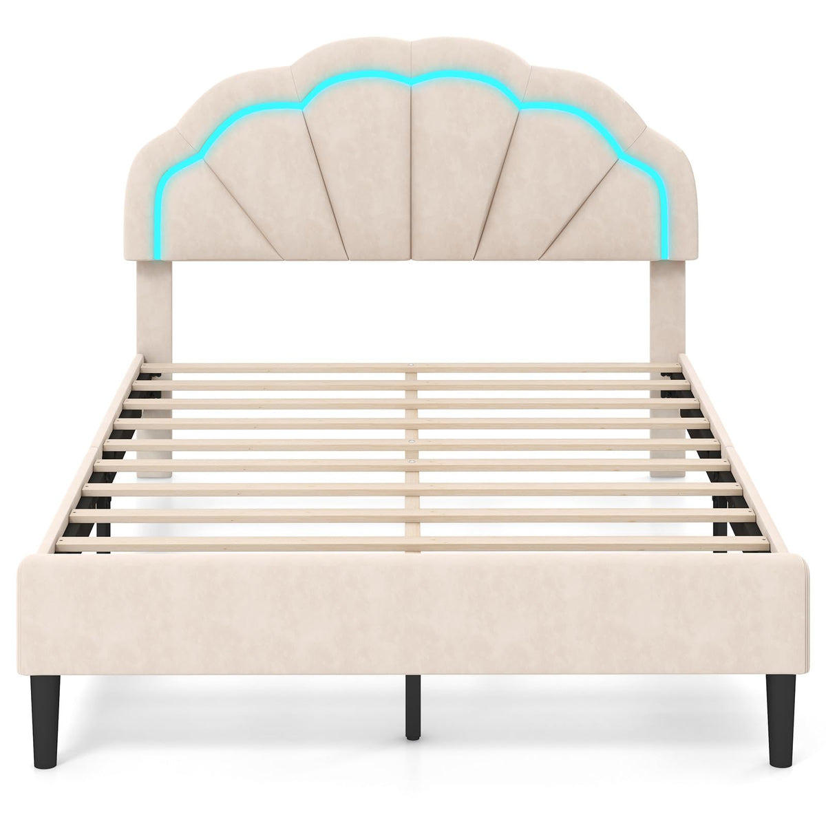 Goflame Full Size LED Bed Frame, Velvet Upholstered Full Platform Bed with Adjustable Cloud Headboard