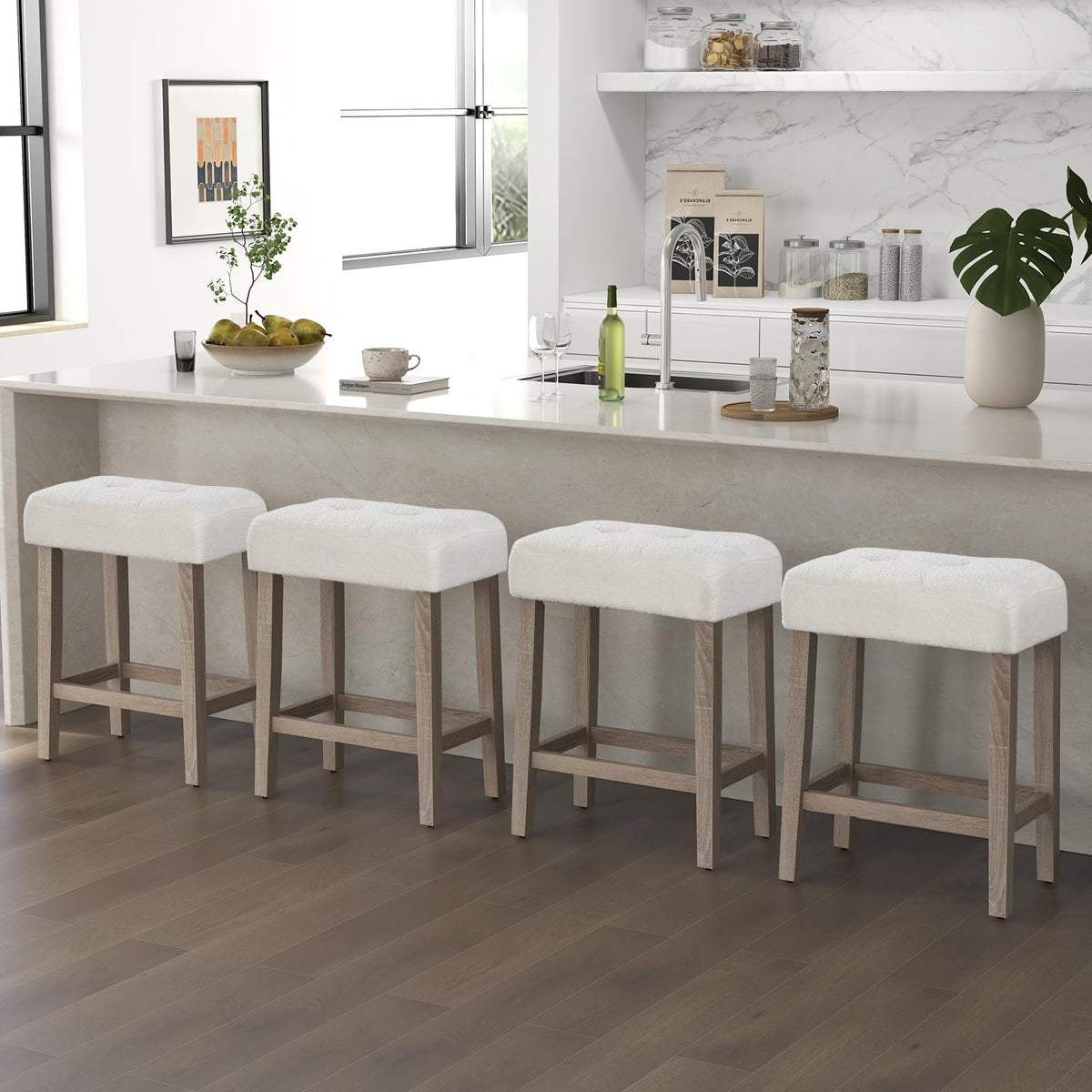 Goflame Sherpa Bar Stools, 24" Counter Height Kitchen Bar Stools with Cushioned Seat