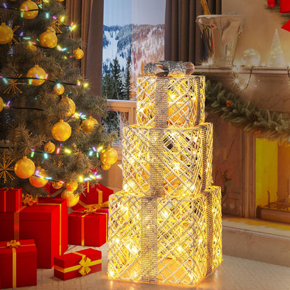 Goflame Set of 3 Christmas Lighted Gift Boxes, 90 LED Light up Present Boxes with Bows