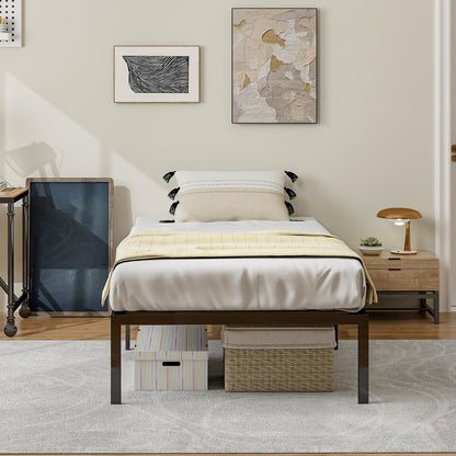 Goflame Twin Bed Frame, 14 Inch Metal Platform Bed with Under Bed Storage Space, Heavy-Duty Steel Slat Mattress Foundation