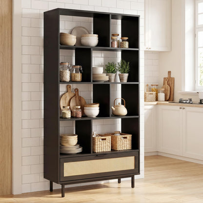 Goflame 64" Tall 6-Tier Wood Bookshelf with Rattan Drawer