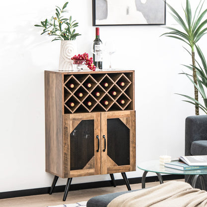 Goflame Farmhouse Buffet Cabinet with Storage, Wine Bar Cabinet 11 Bottles Rack (Brown & Black)