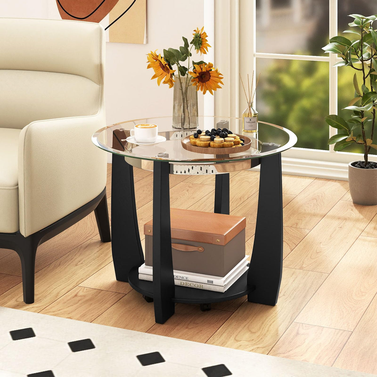 Goflame Round Glass Coffee Table 32" Rolling Center Tables with Wheels