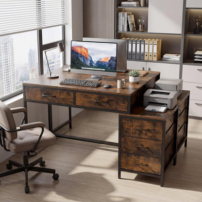 Goflame Reversible Computer Desk with 5 Drawers