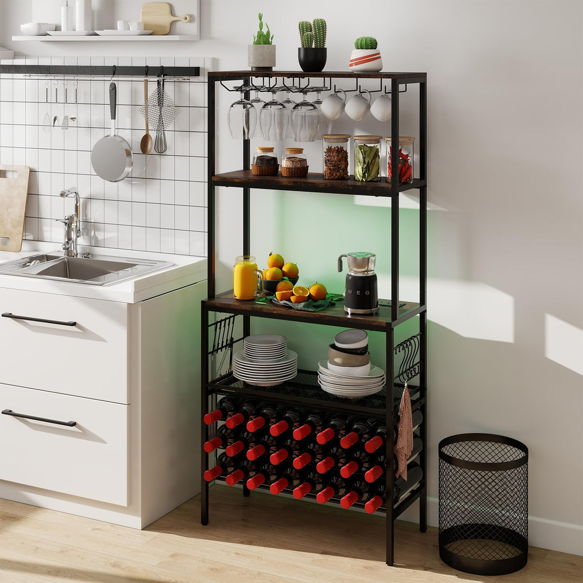Goflame Wine Rack Freestanding Floor Wine Bar Cabinet w/Power Outlet & RGB Light