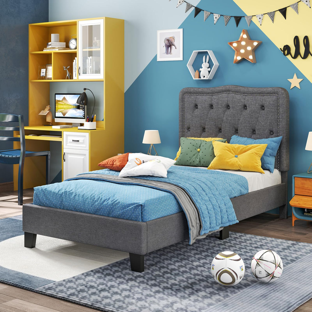 Goflame Twin Size Bed Frame, Modern Linen Upholstered Platform Bed w/ 46" Tall Button Tufted Headboard