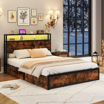 Goflame Queen/Full Size LED Bed Frame with Charging Station & 4 Storage Drawers