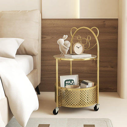 Goflame Mobile Glass Coffee Table, 2-Tier Round End Table with Bear Pattern, Storage Basket, Metal Frame