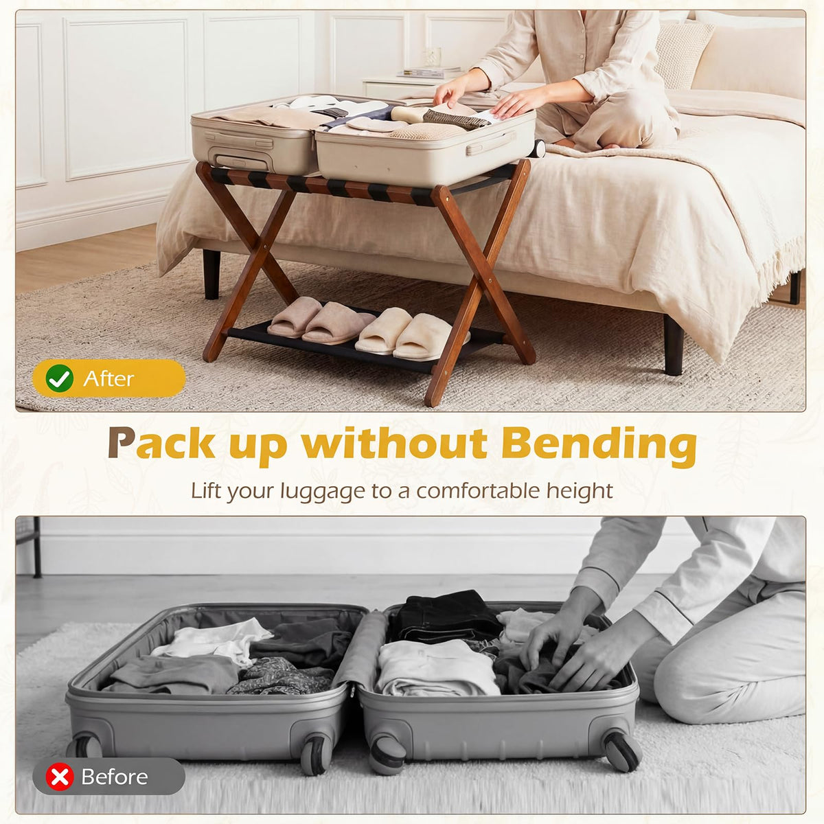Goflame Folding Luggage Rack | Solid Rubber Wood Suitcase Stand with Storage Shelves